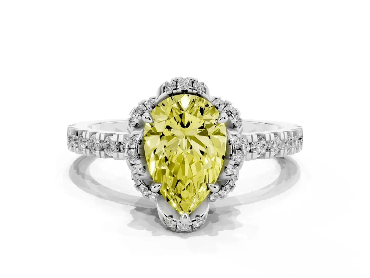 Fancy Yellow Pear Cut Halo Diamond Pave Band Ring with Four-Prong Setting Silver