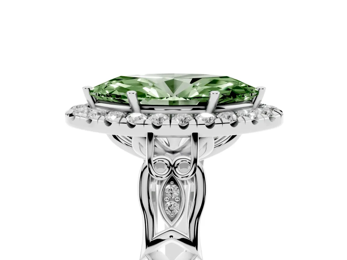Fancy Green Marquise Cut Halo Diamond Engagement Ring with Filigree Band and Four-Prong Setting Silver