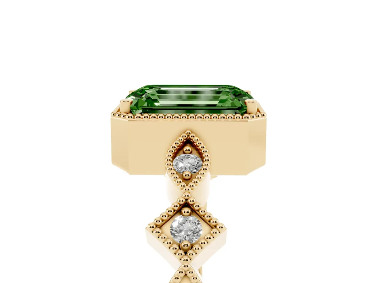 Fancy Green Emerald Cut Milgrain Marquise Diamond Twist Band Ring Yellow gold