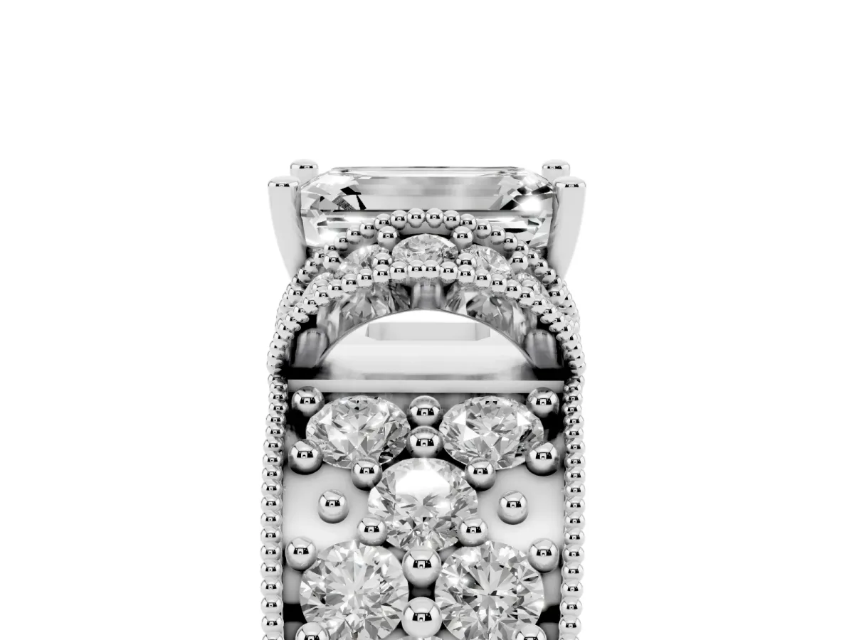 Emerald Cut Halo Pave Diamond Engagement Ring with Milgrain Detailing Platinum