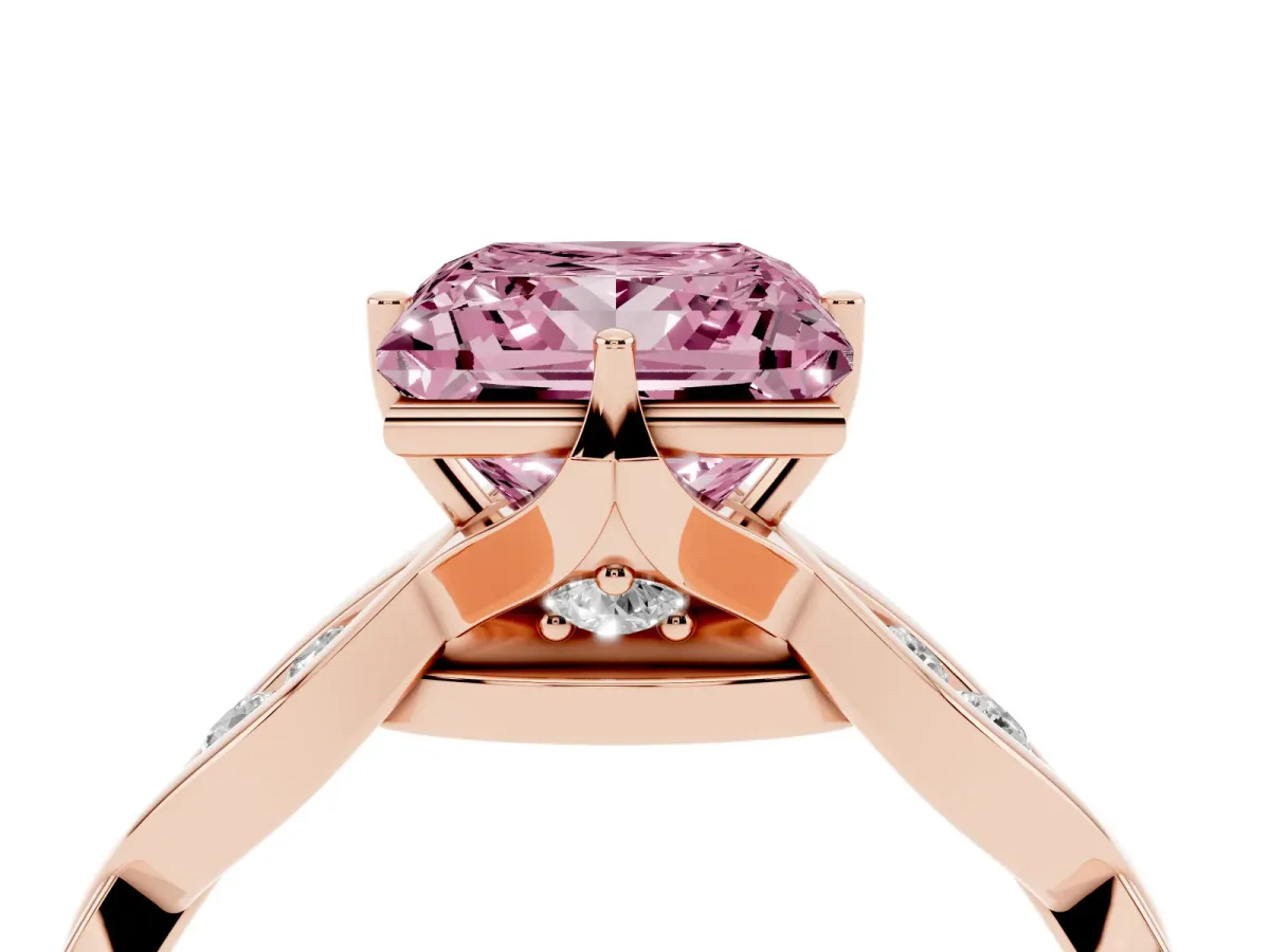 Fancy Pink Princess Cut Solitaire Twist Band with Leaf Prong Setting Rose gold