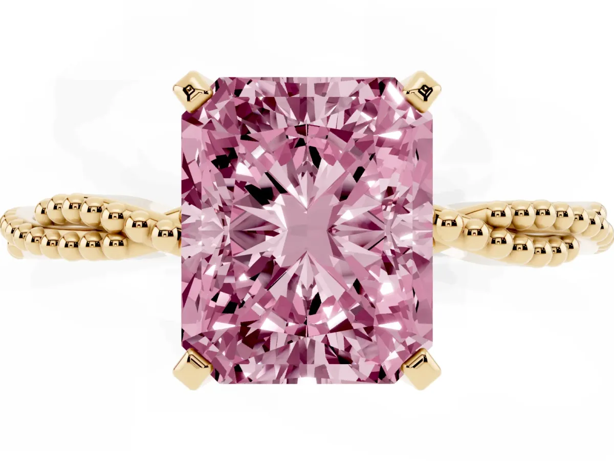 Fancy Pink Radiant Cut Solitaire Twisted Band with Bead Prong Setting Yellow gold