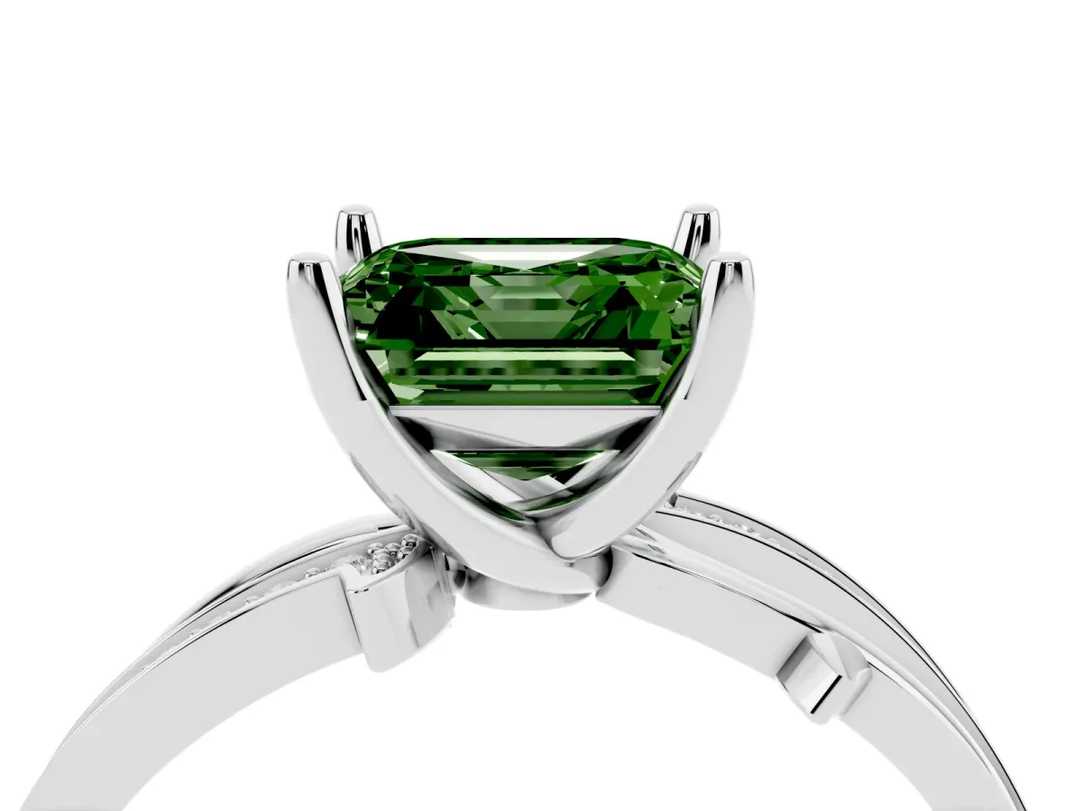 Fancy Green Asscher Cut Solitaire Twist Band with Pavé Accents and Four-Prong Setting Platinum