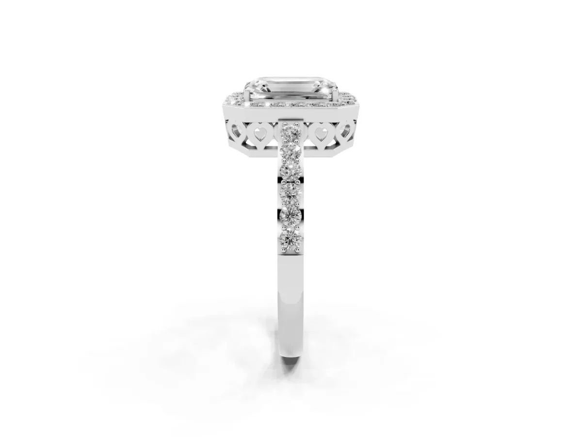 Emerald Cut Halo Diamond Pavé Band Ring with Prong Setting Platinum