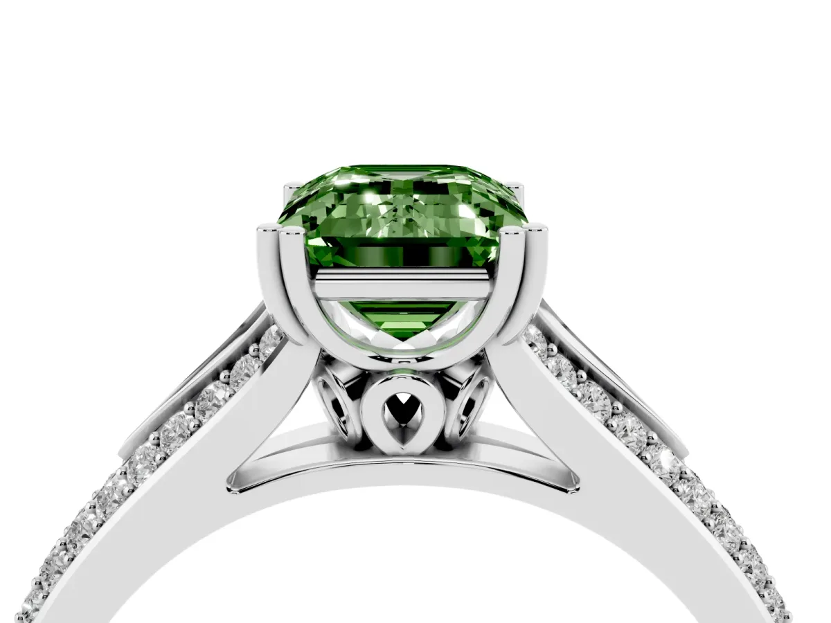Fancy Green Emerald Cut Diamond Split Shank Engagement Ring with Pavé Band Silver