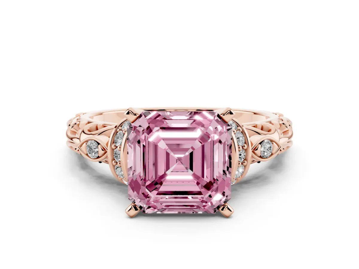 Fancy Pink Asscher Cut Diamond Solitaire Ring with Filigree Band and Four-Prong Setting Rose gold