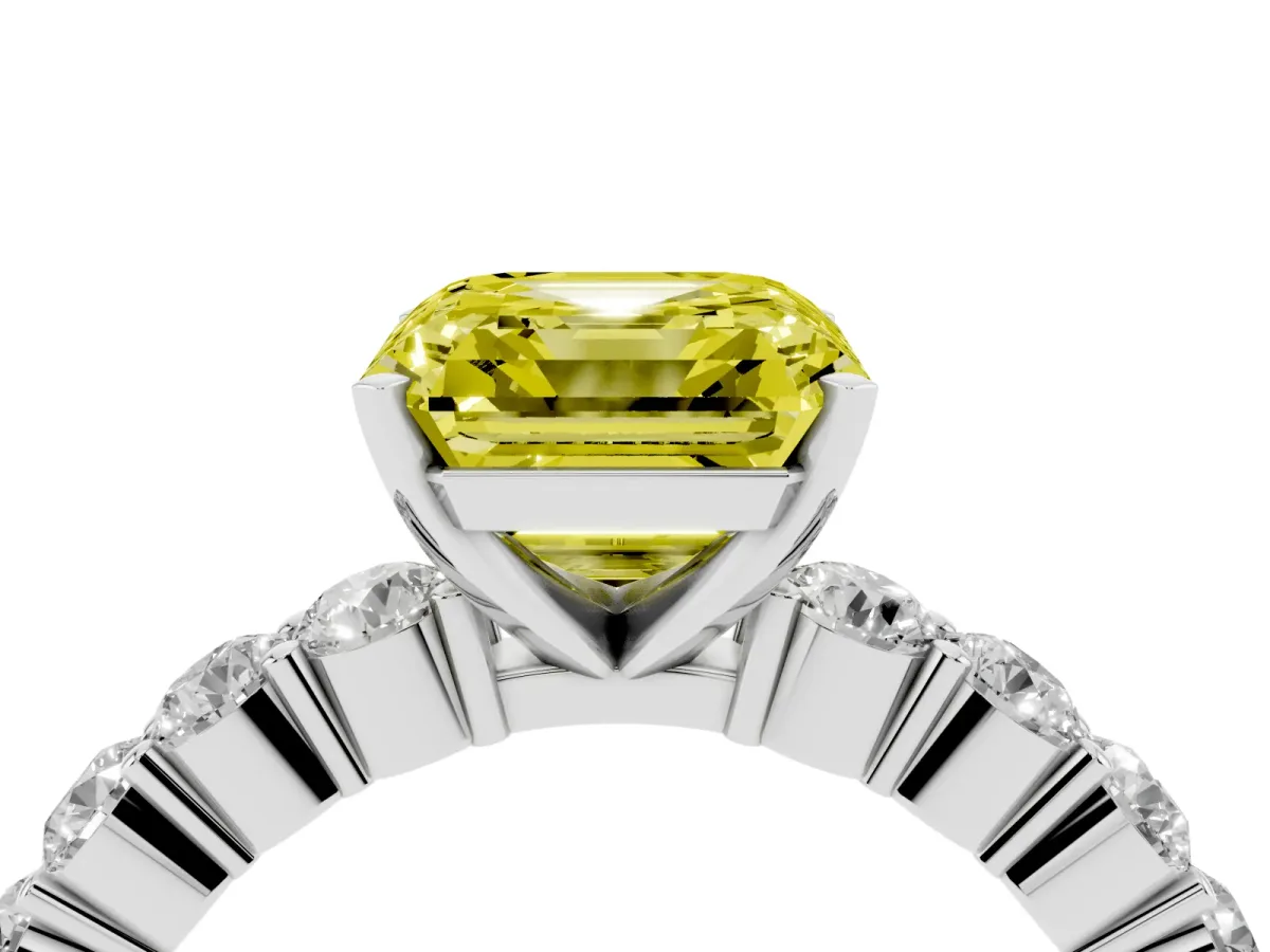Fancy Yellow Asscher Cut Diamond Solitaire Ring with Shared Prong Round Side Stones White gold