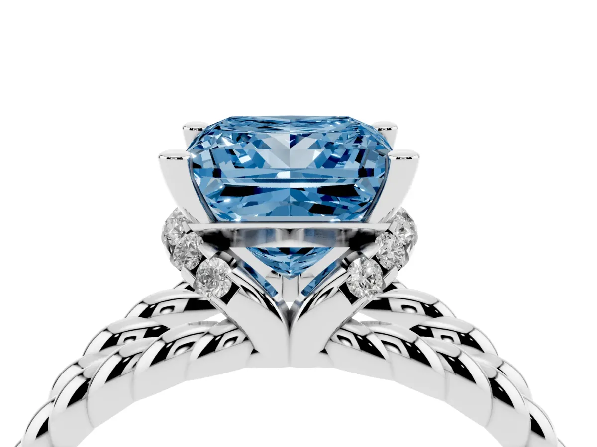 Fancy Blue Princess Cut Halo Twisted Band Four-Prong Ring Silver