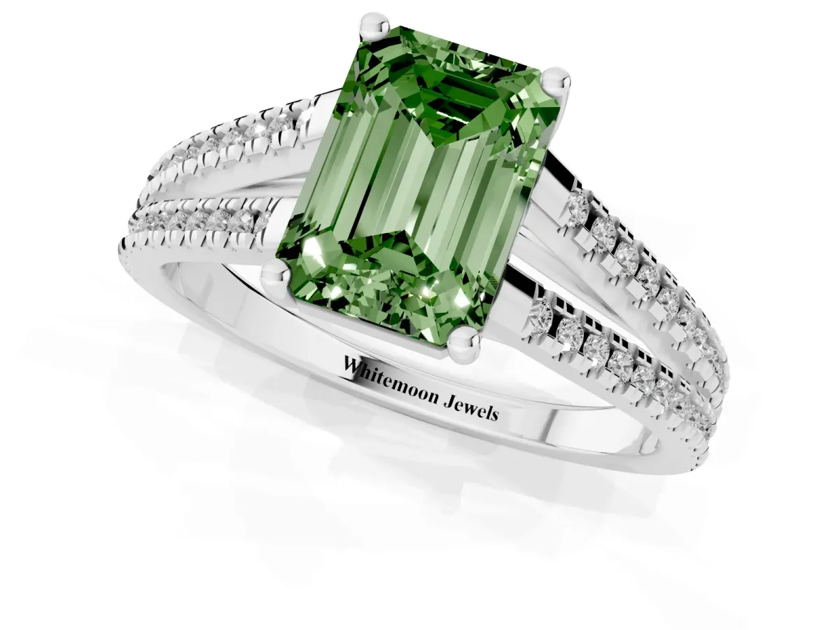 Fancy Green Emerald Cut Diamond Solitaire Engagement Ring with Split Shank Pavé Band Platinum