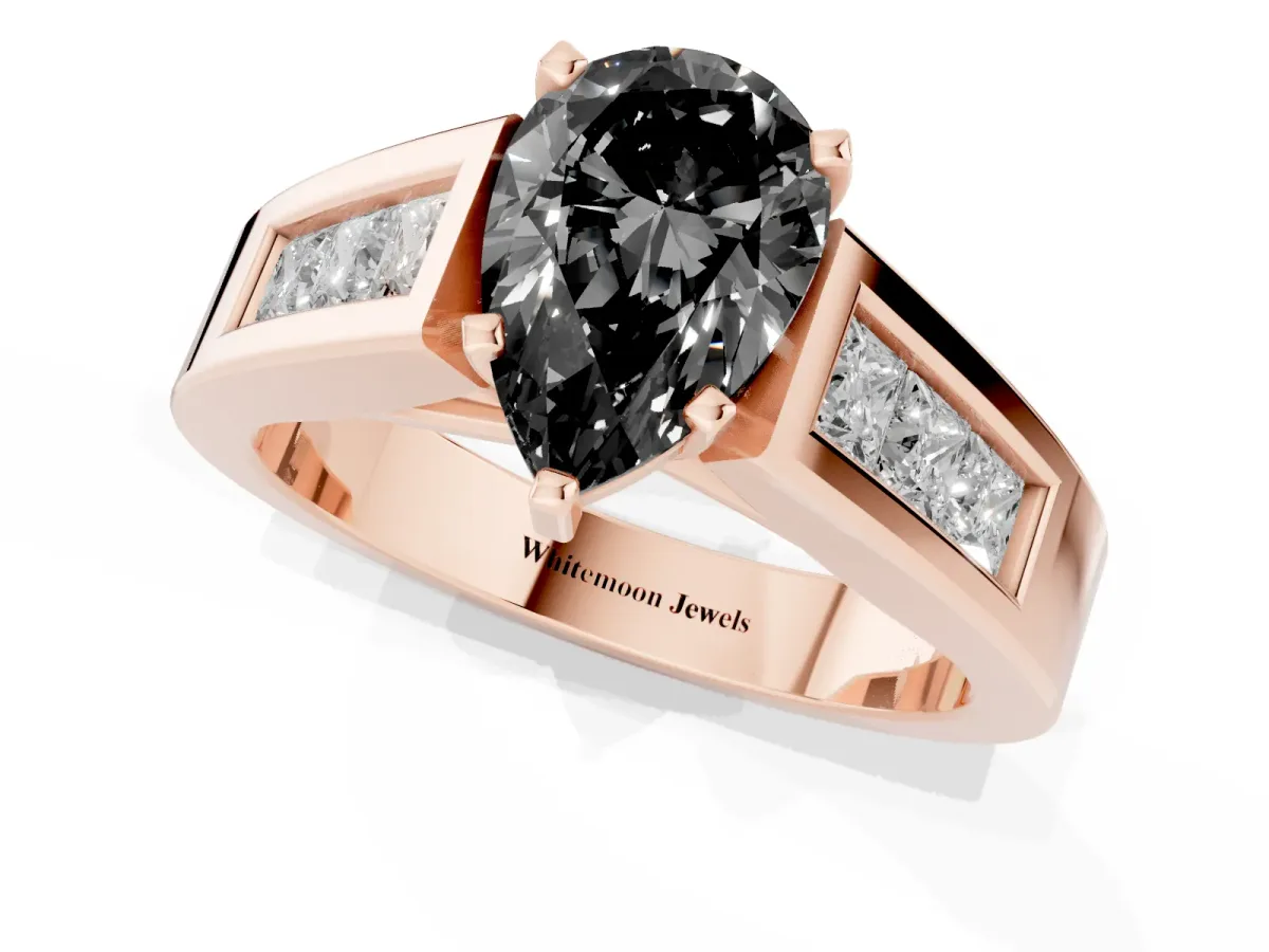 Fancy Black Pear Cut Cut Channel Set Solitaire Ring with Four-Prong Setting Rose gold