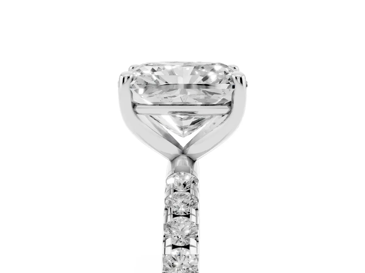 Radiant Cut Cut Diamond Solitaire Ring with Micro Pave Band and Four Prong Setting Silver