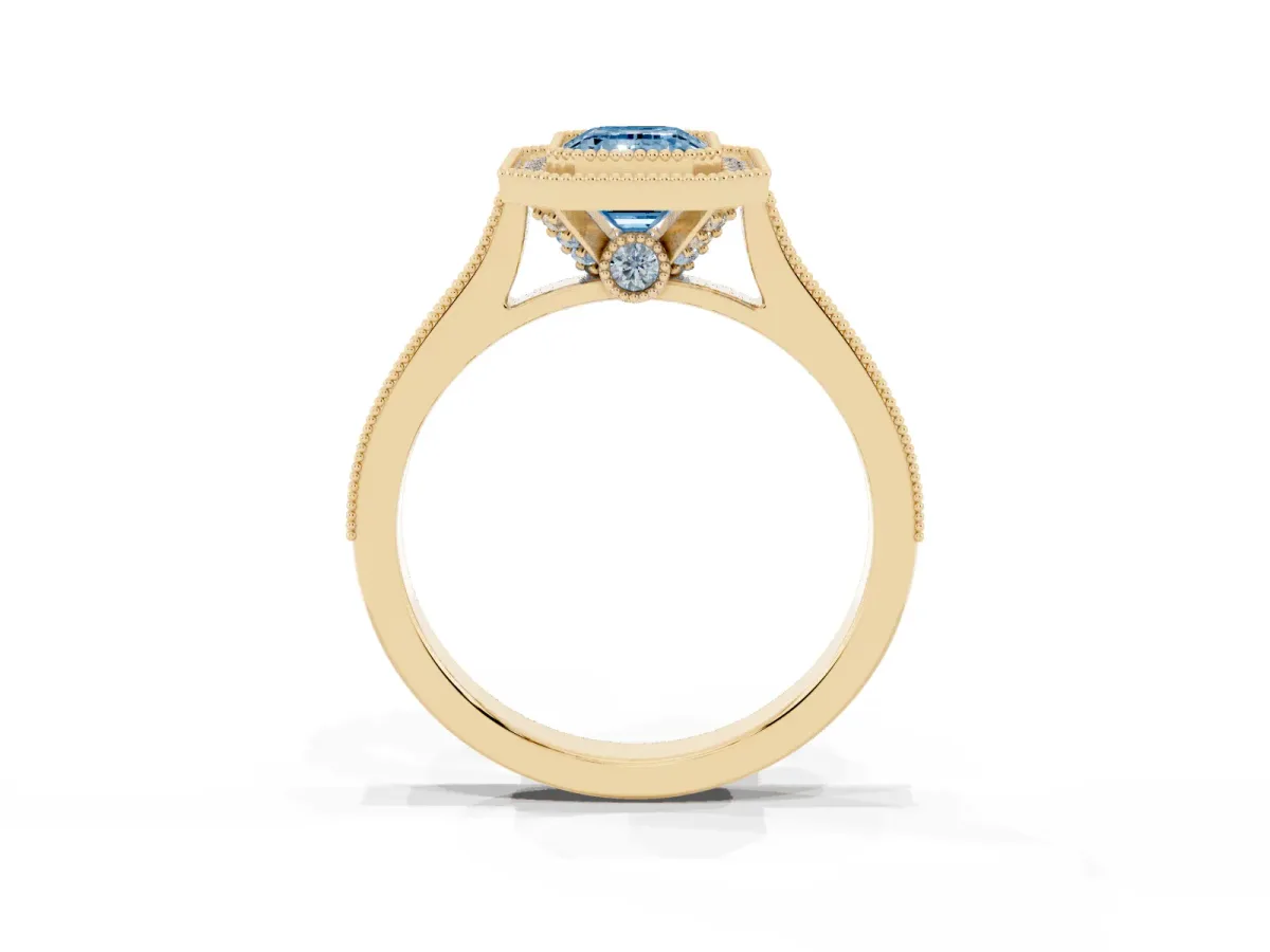 Fancy Blue Halo Emerald Cut-Cut Diamond Pave Band Milgrain Prong Setting Ring Yellow gold