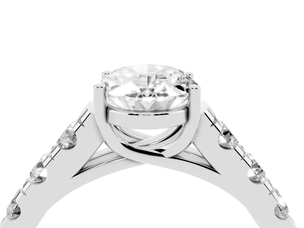Oval Cut Cut Diamond Solitaire Ring with Micro Pave Band and Prong Setting Platinum