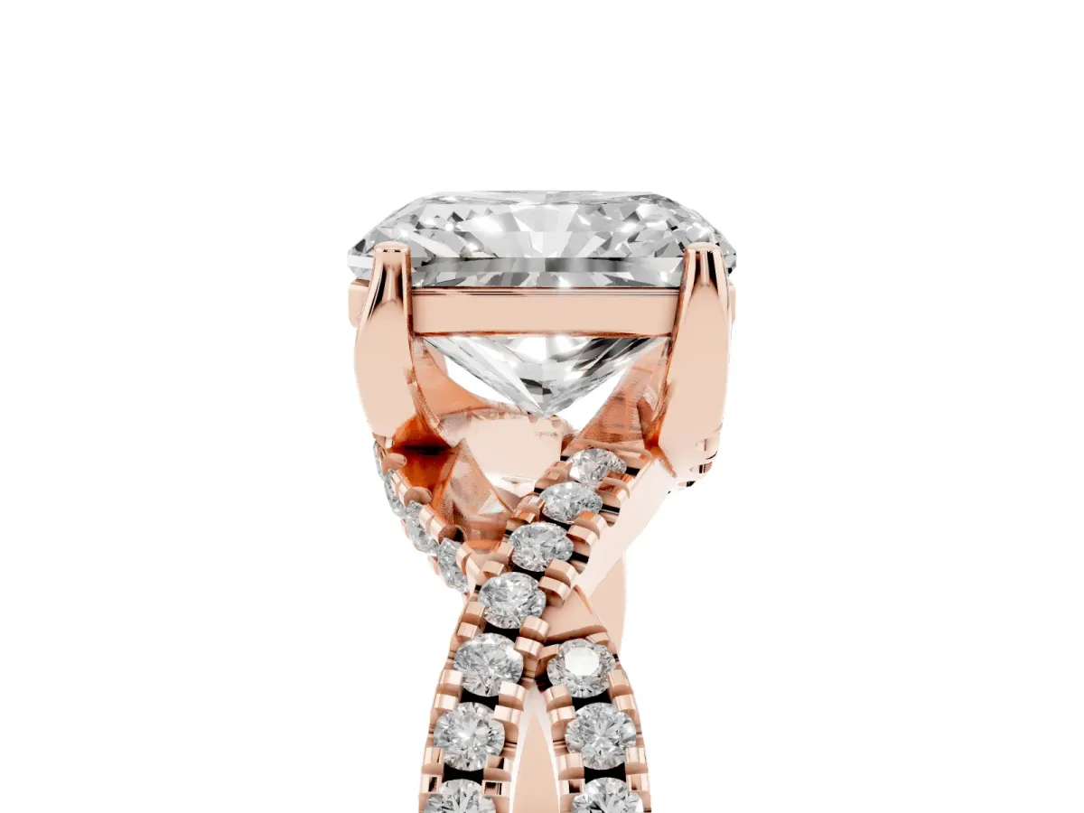 Radiant Cut Solitaire Twist Pave Diamond Engagement Ring with Prong Setting Rose gold