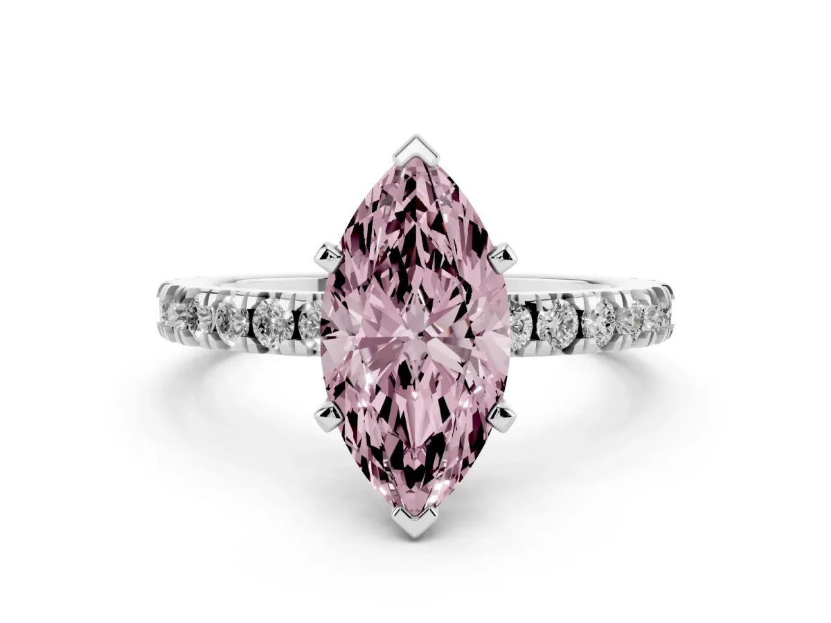 Fancy Pink Marquise Cut Diamond Pavé Band Solitaire with Four-Prong Setting Silver