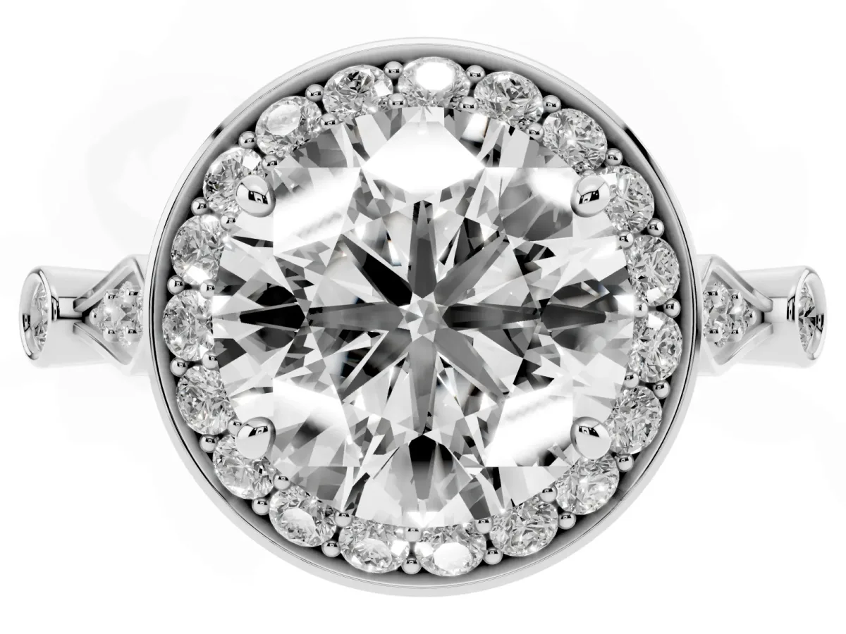 Round Cut Halo Diamond Engagement Ring with Twisted Band and Four-Prong Setting White gold