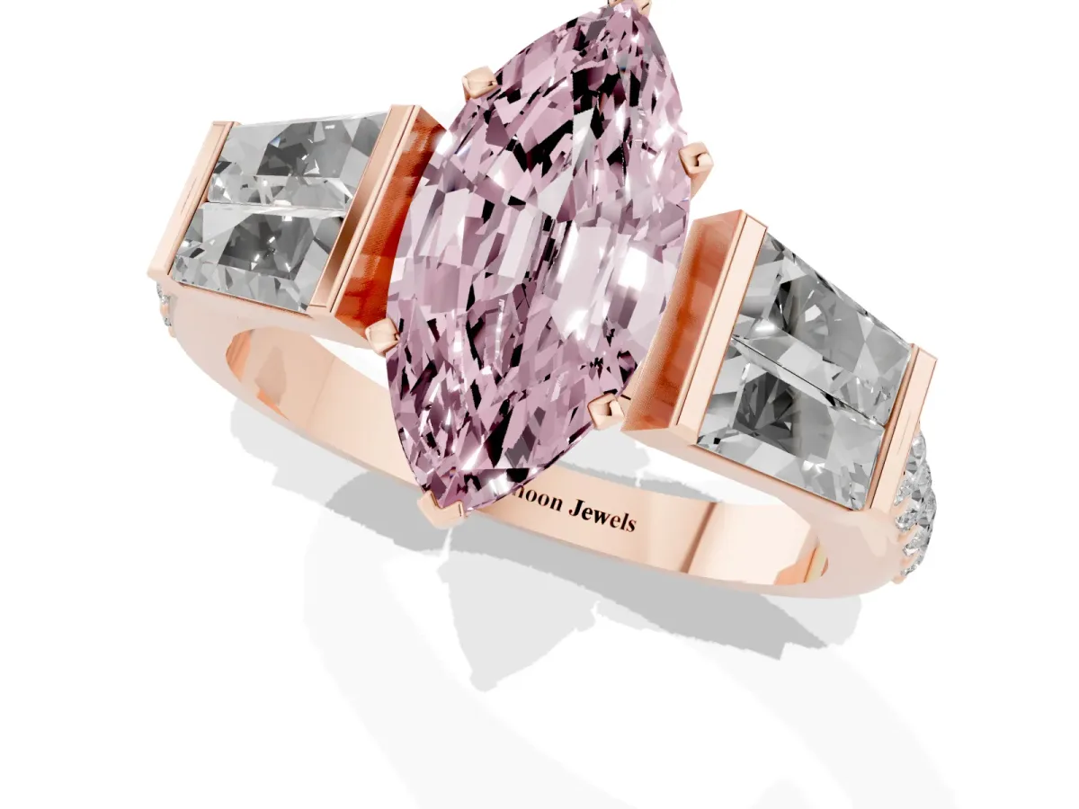 Fancy Pink Marquise Cut Diamond Engagement Ring with Baguette Side Stones and Channel Set Band Rose gold