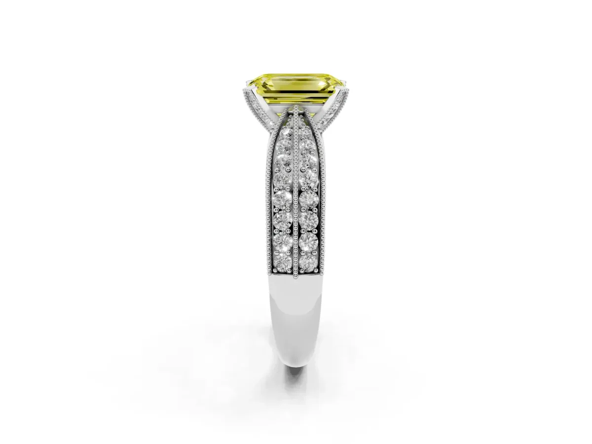 Fancy Yellow Emerald Cut Diamond Solitaire Ring with Milgrain Round Pavé Band and Prong Setting Silver