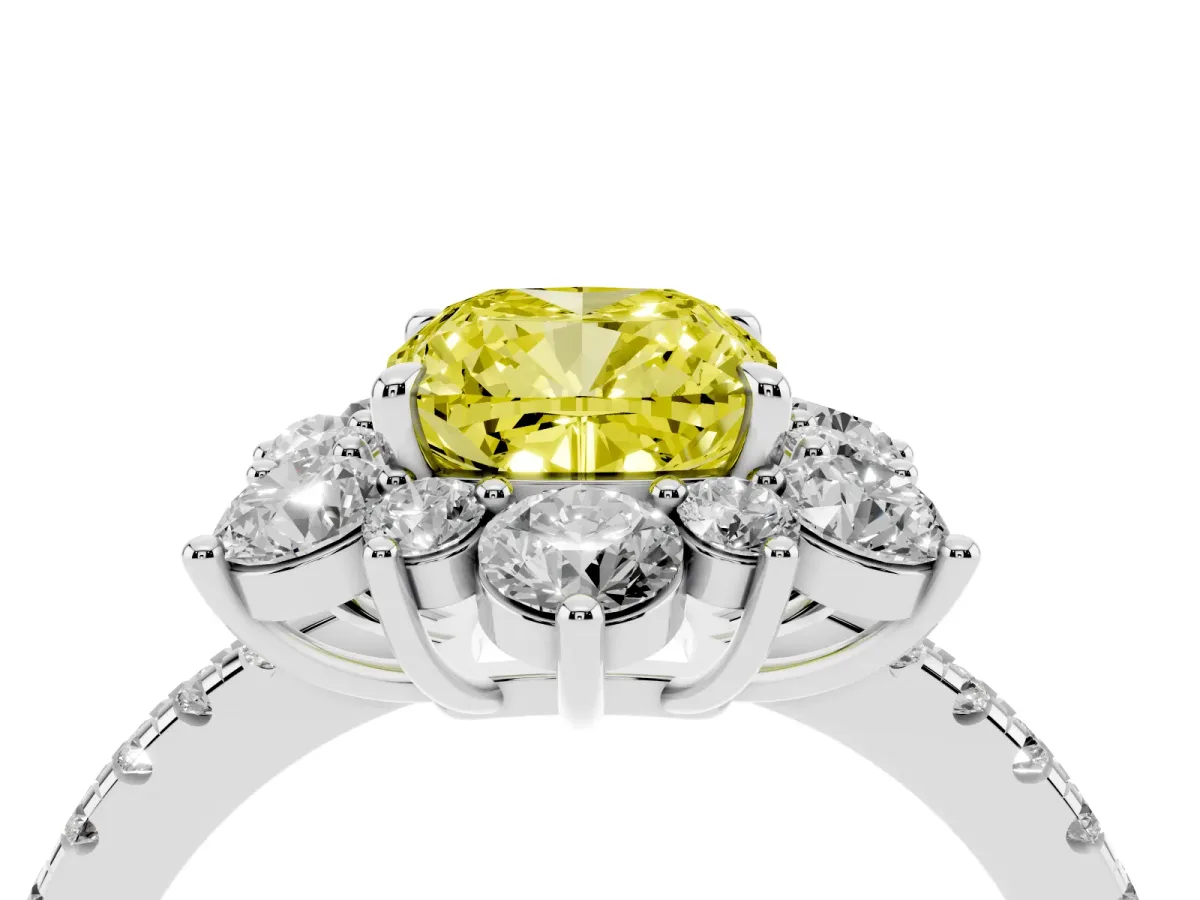 Fancy Yellow Cushion Cut Diamond Floral Halo Ring with Round Pavé Band and Prong Setting Silver