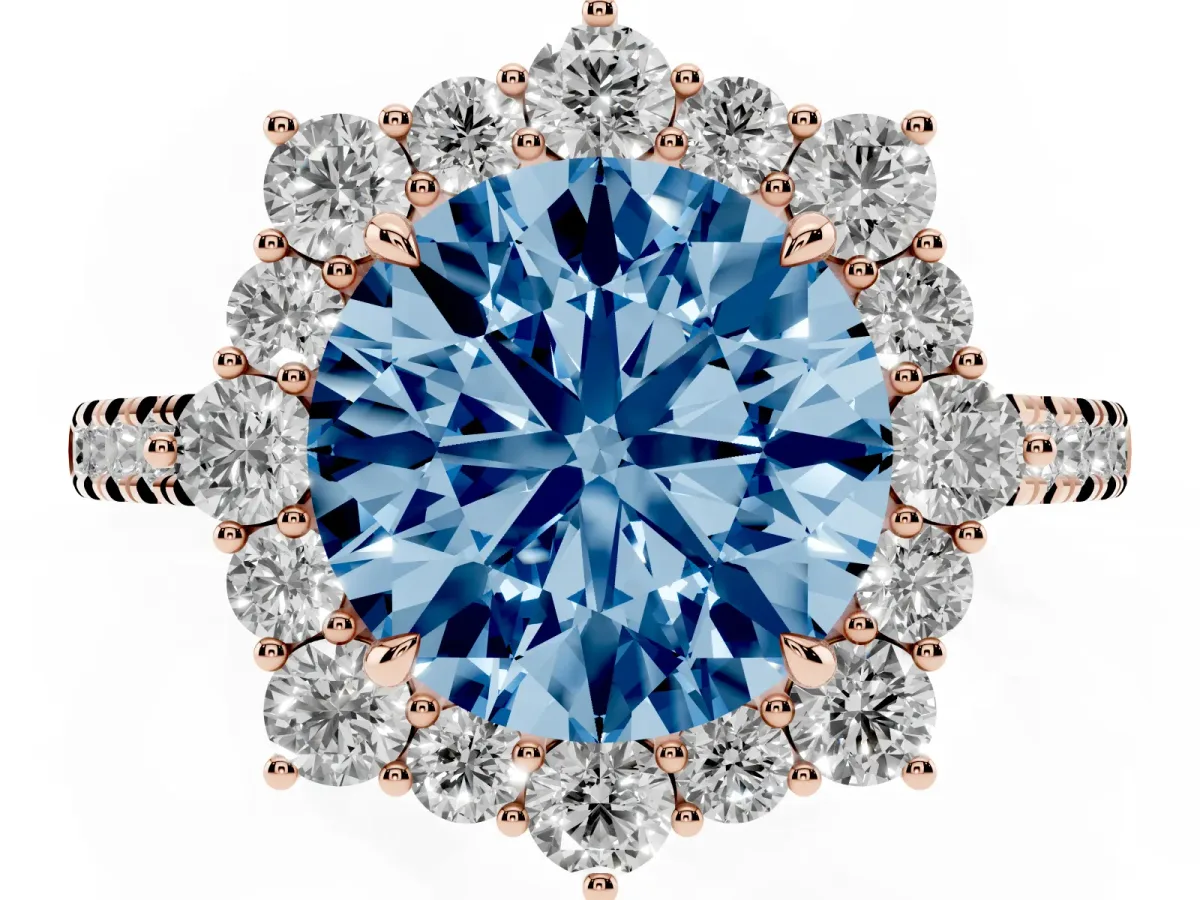 Fancy Blue Round Cut Halo Diamond Ring with Pavé Band and Prong Setting Rose gold