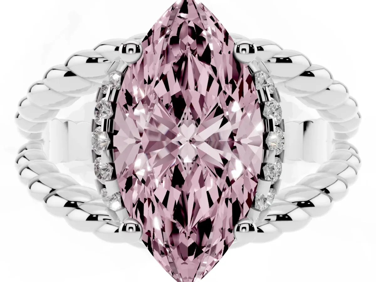 Fancy Pink Marquise Cut Halo Twisted Band Four-Prong Ring Silver
