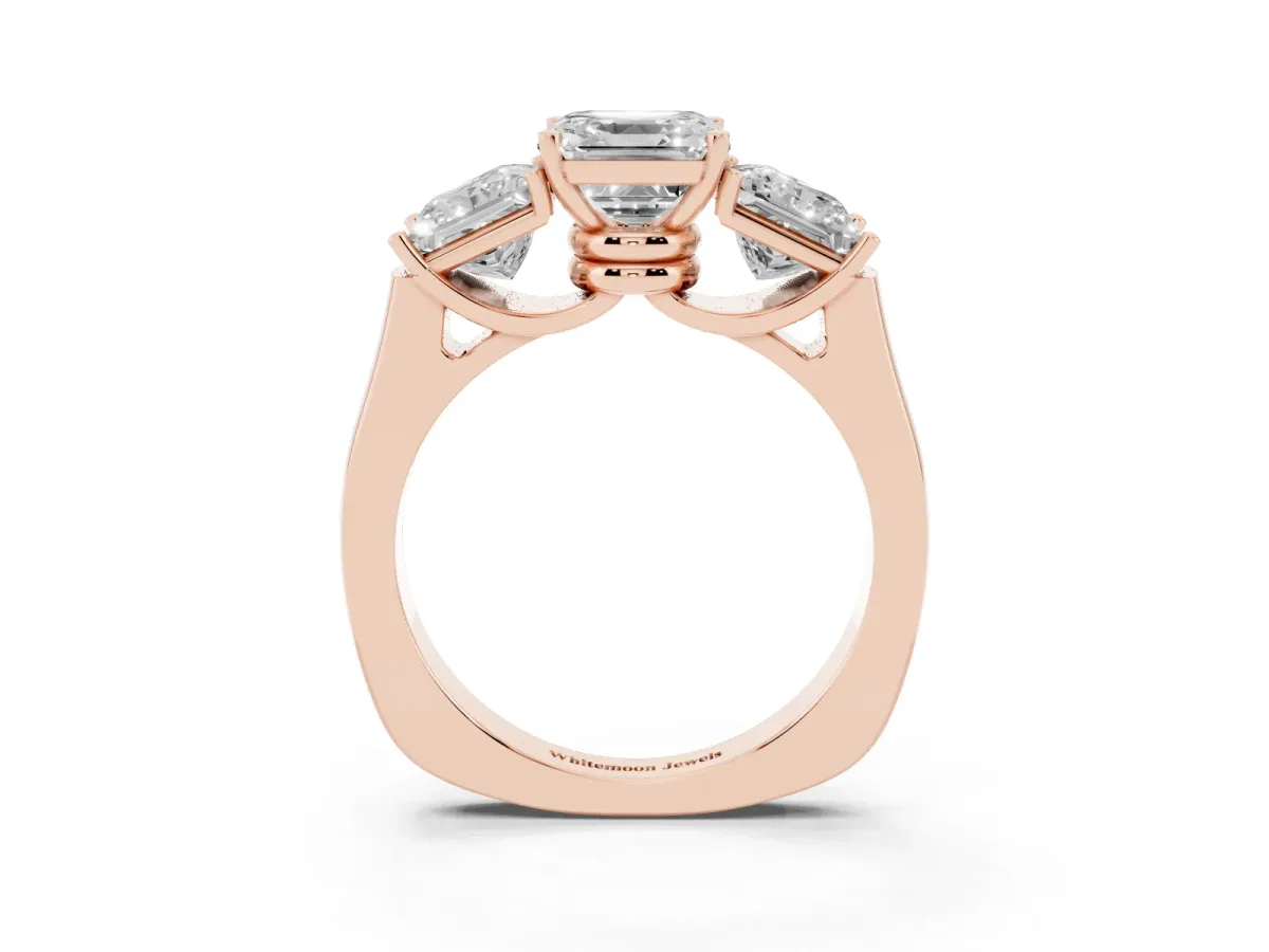 Three-Stone Asscher Cut Brilliant Diamond Trellis Ring with Comfort Fit Band Rose gold