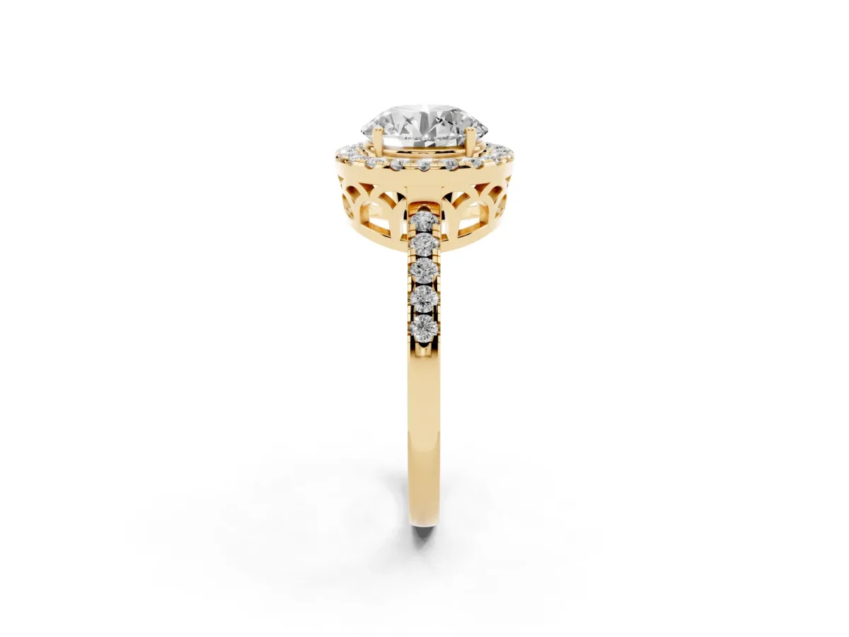 Round Cut Halo Diamond Engagement Ring with Pavé Band and Four-Prong Setting Yellow gold