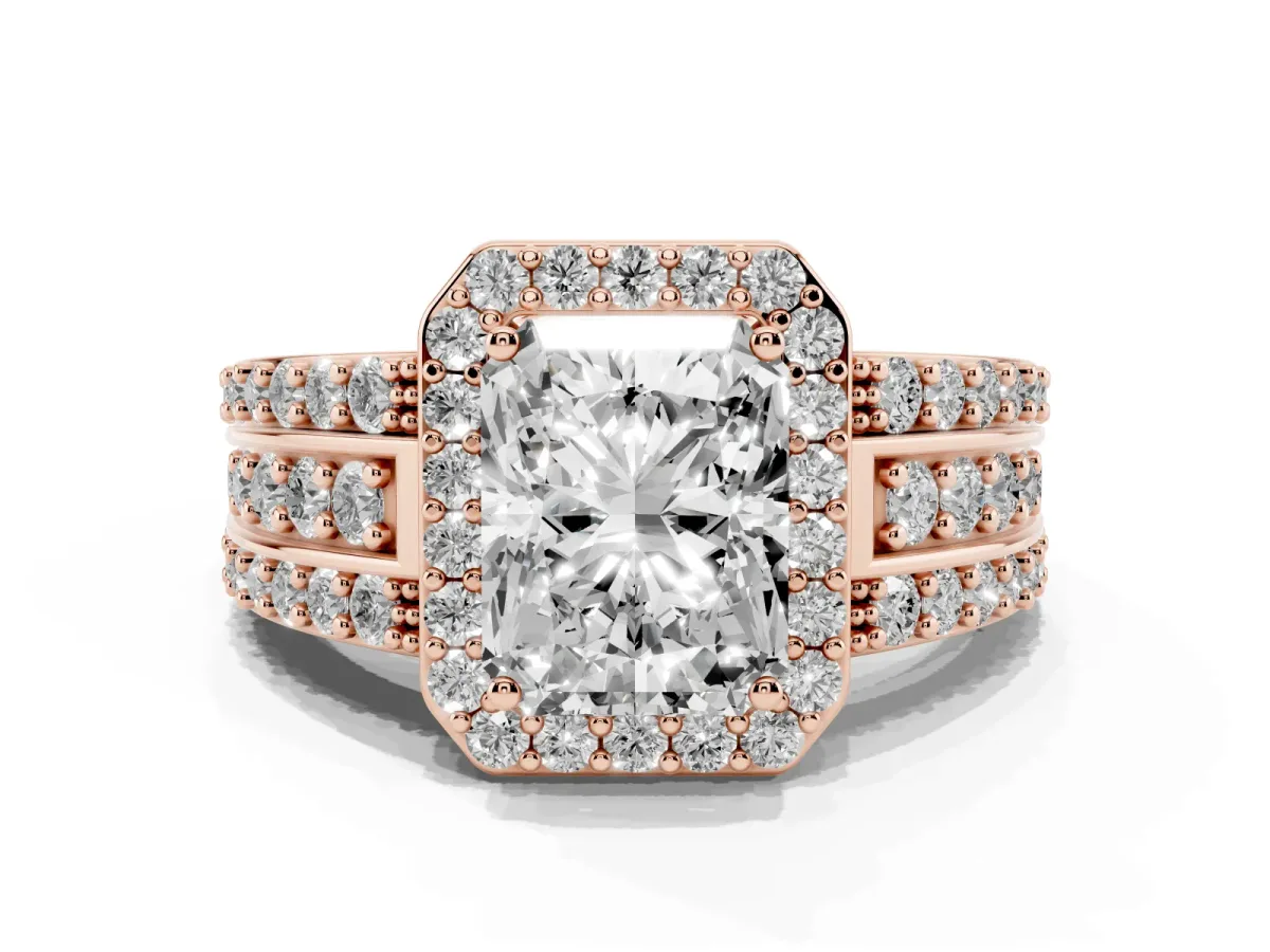 Radiant Cut Halo Diamond Ring with Round Split Shank and Prong Setting Rose gold