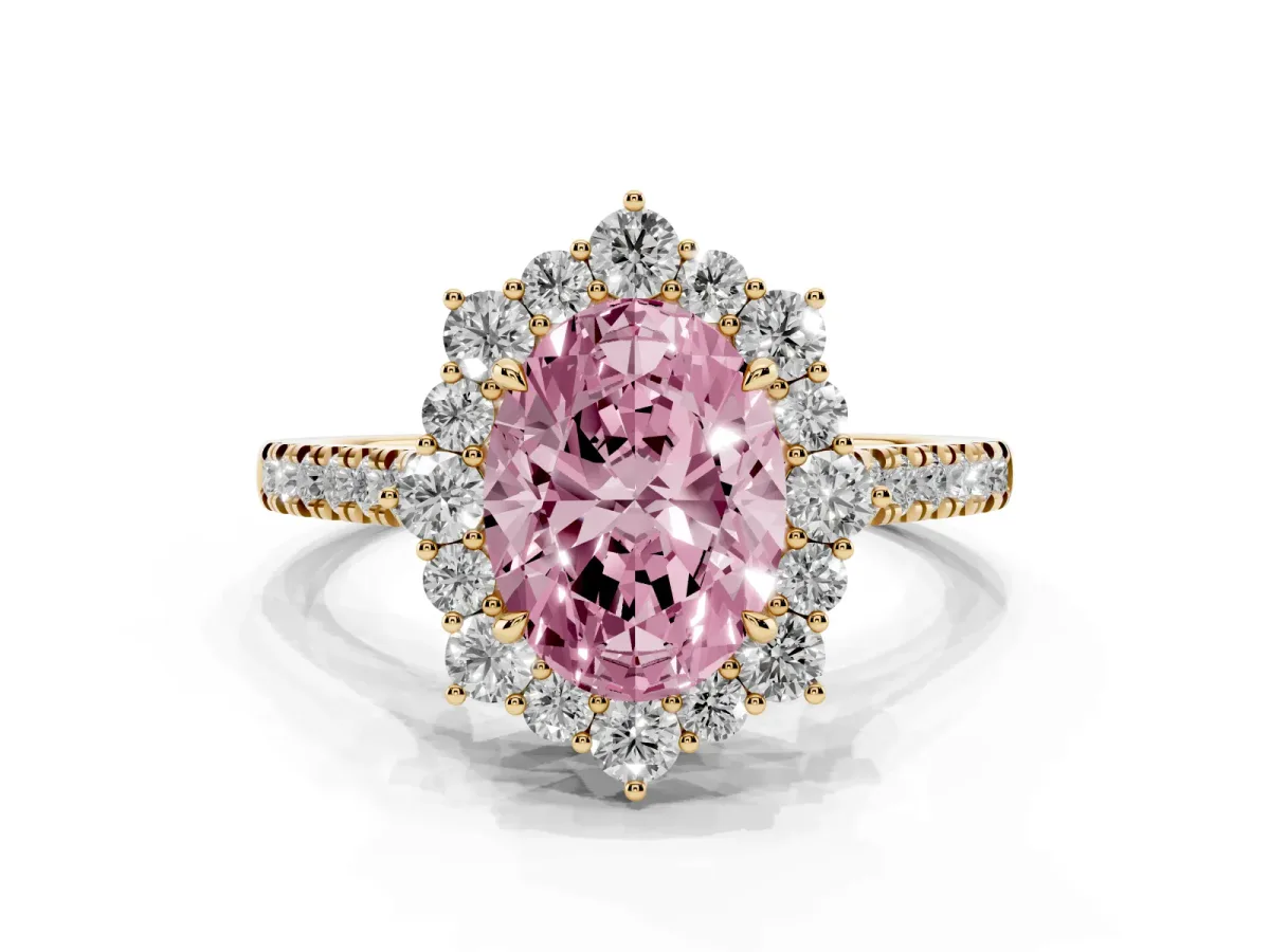 Fancy Pink Oval Cut Halo Diamond Ring with Pavé Band and Prong Setting Yellow gold