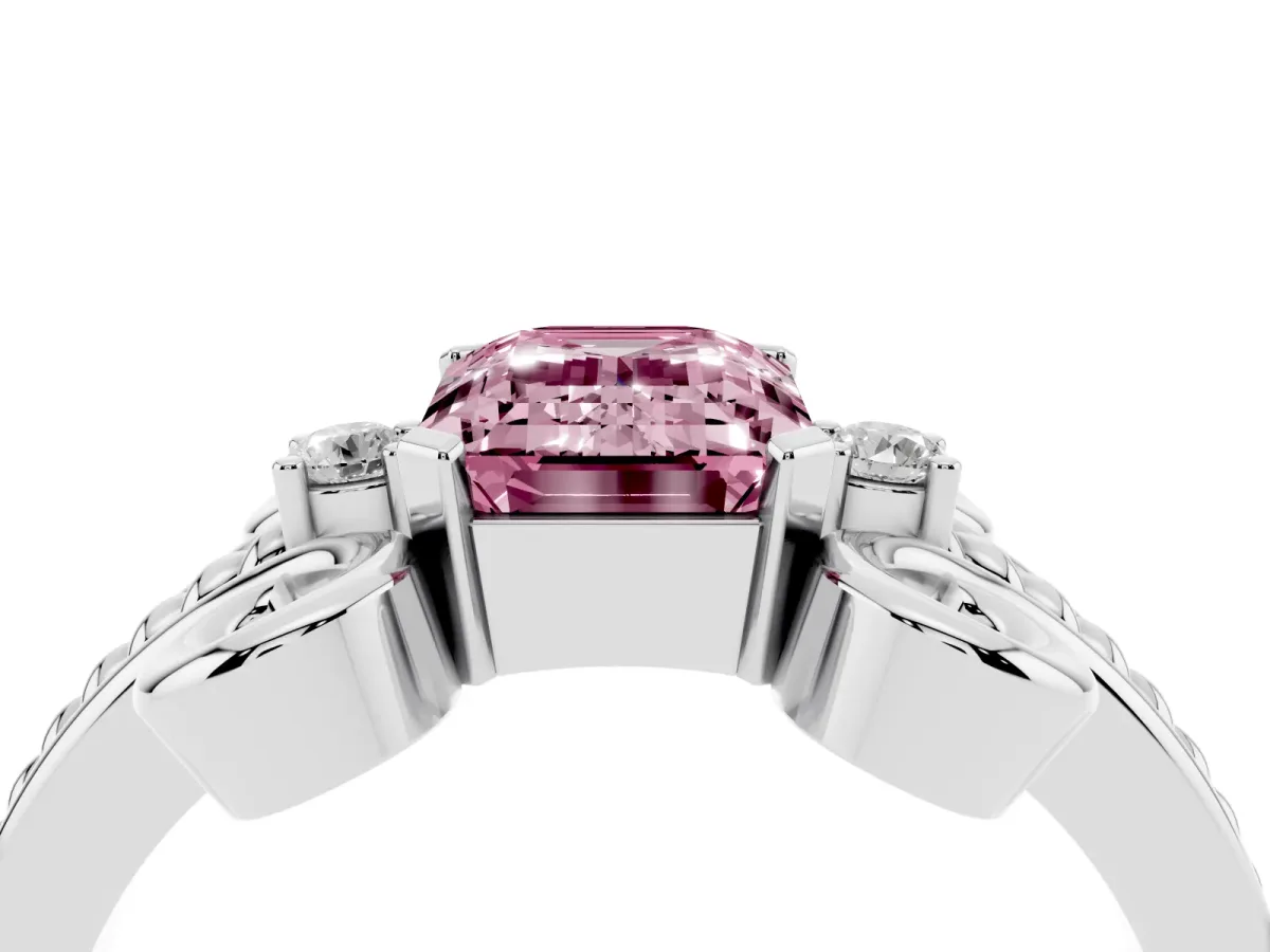 Fancy Pink Emerald Cut Solitaire Twisted Band Scroll Prong Ring Silver