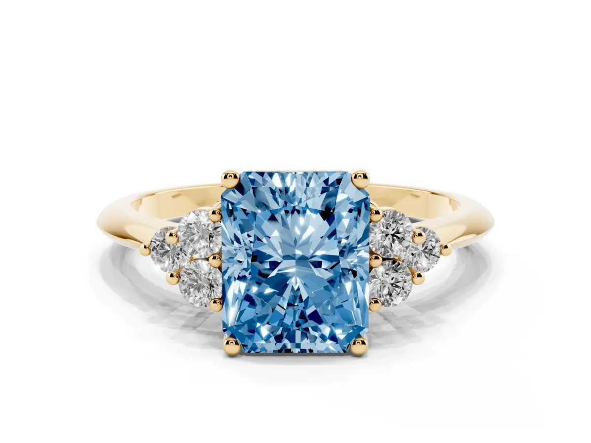 Fancy Blue Radiant Cut Cut Diamond Cluster Ring with Solitaire Band and Four-Prong Setting Yellow gold