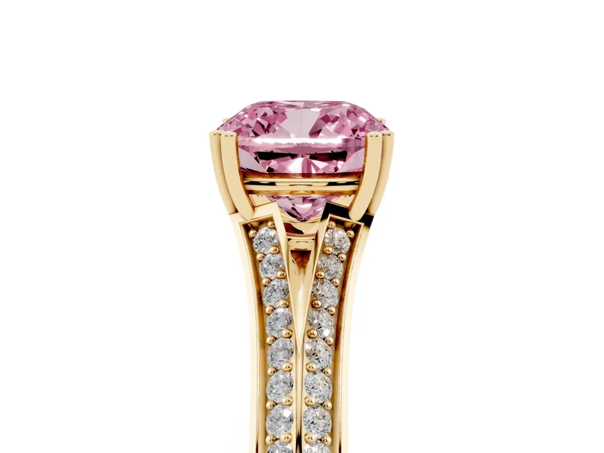 Fancy Pink Cushion Cut Diamond Split Shank Engagement Ring with Pavé Band Yellow gold