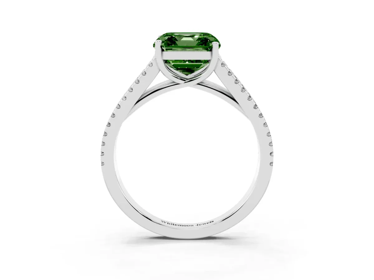 Fancy Green Asscher Cut Diamond Solitaire Engagement Ring with Split Shank Pavé Band Silver