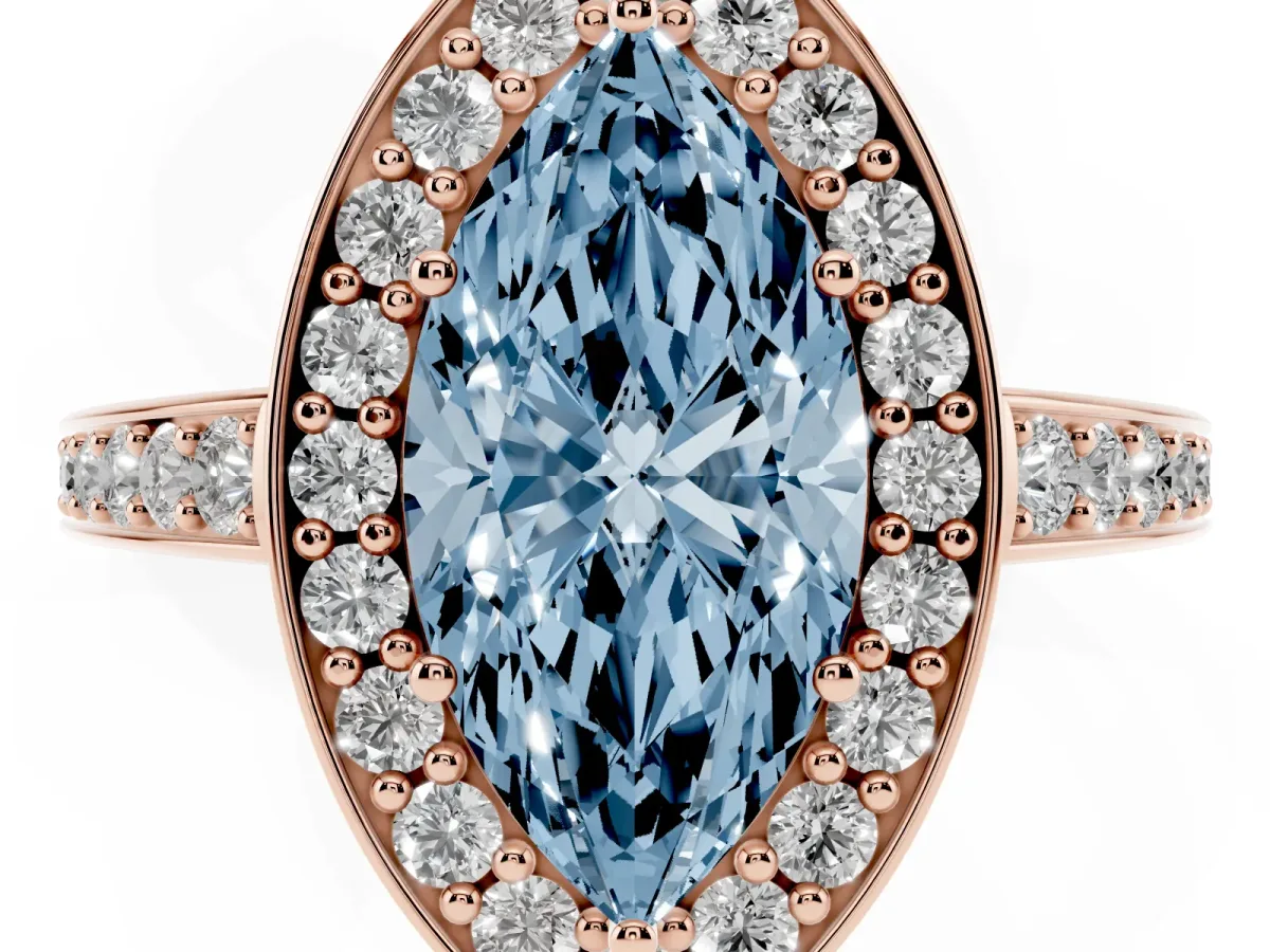 Fancy Blue Marquise Cut Halo Pavé Diamond Engagement Ring with Bezel Setting Rose gold