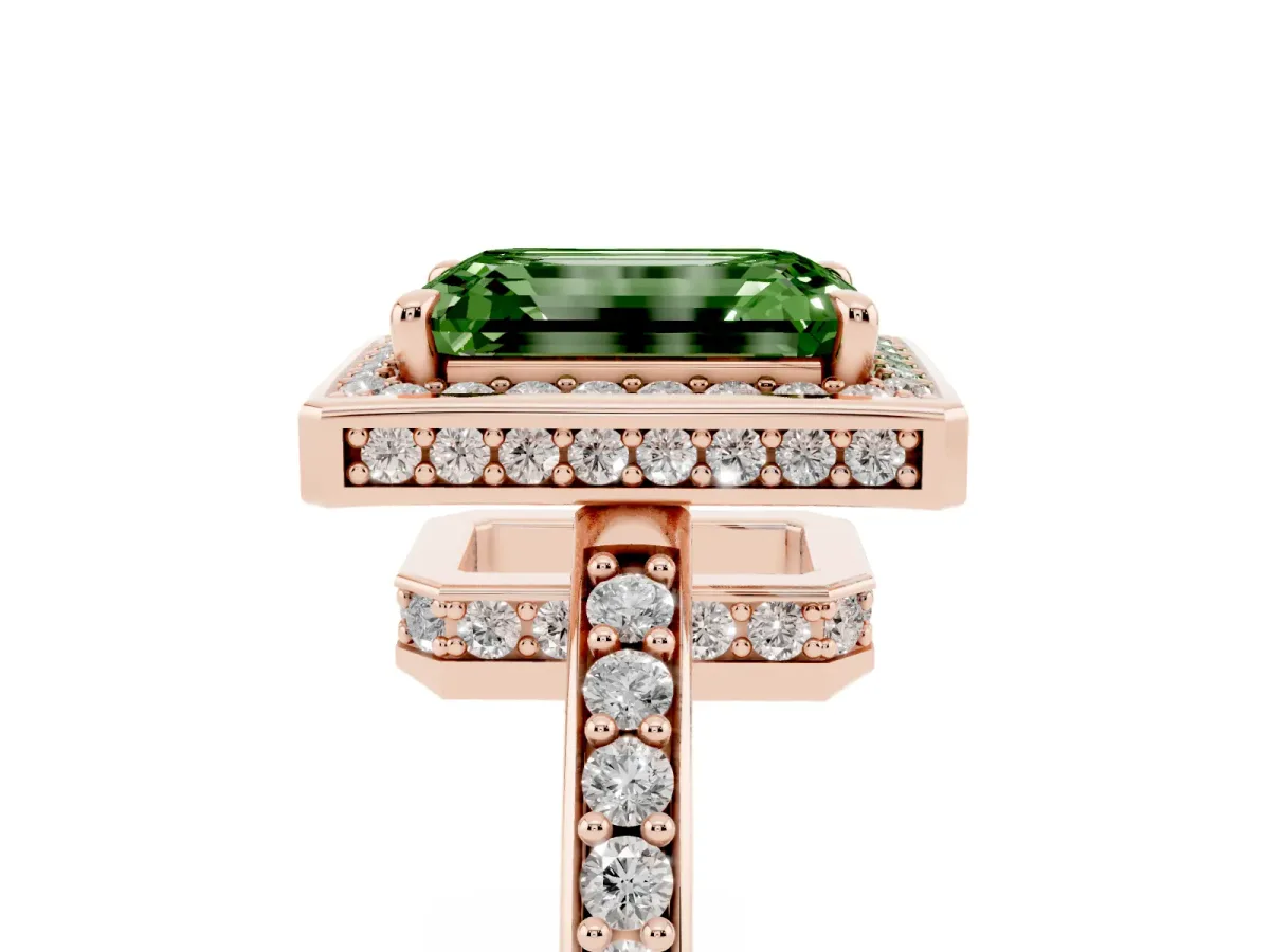 Fancy Green Emerald Cut Halo Pave Band Solitaire Ring with Prong Setting Rose gold
