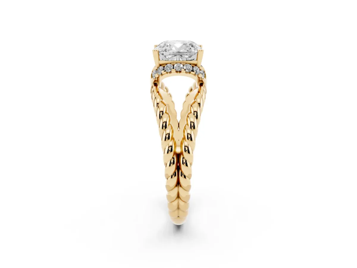 Cushion Cut Halo Twisted Band Four-Prong Ring Yellow gold