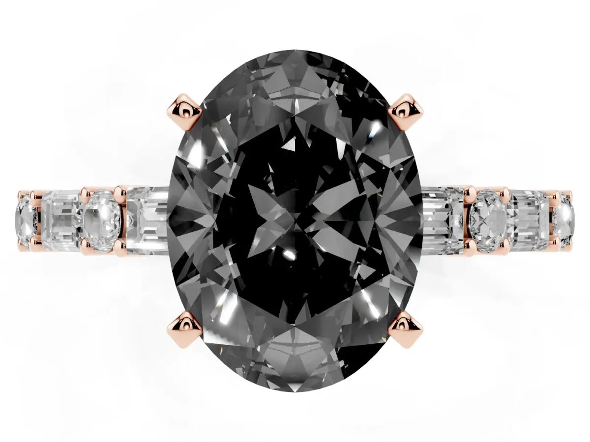 Fancy Black Oval Cut Diamond Solitaire with Side Baguettes and Channel Set Band Rose gold