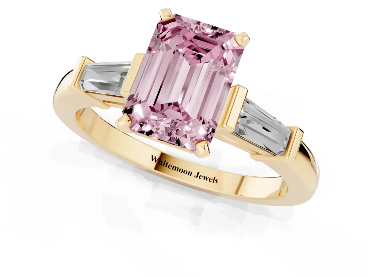 Fancy Pink Emerald Cut Cut Diamond Solitaire Ring with Tapered Baguette Accents and Four-Prong Setting Yellow gold