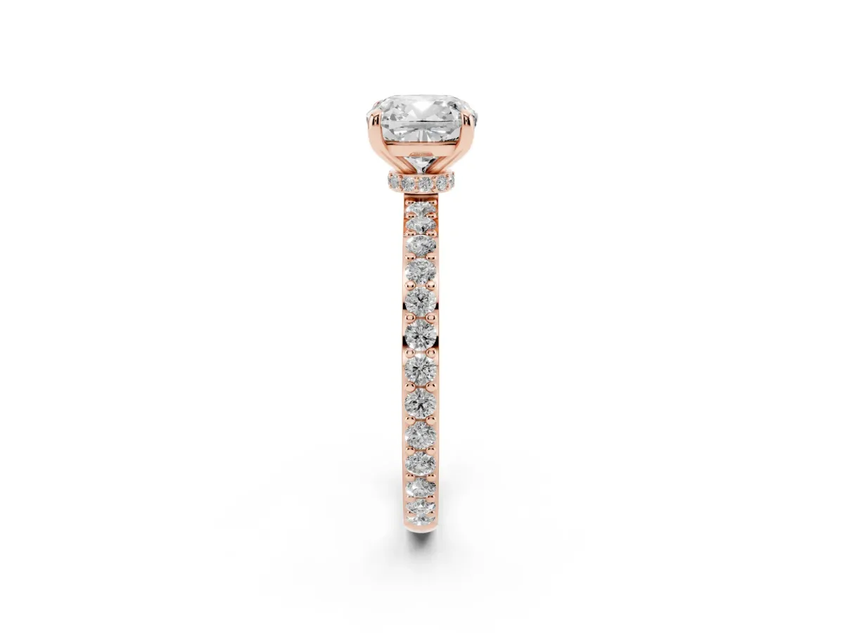 Cushion Cut Diamond Pavé Engagement Ring with Round Accents and Prong Setting Rose gold