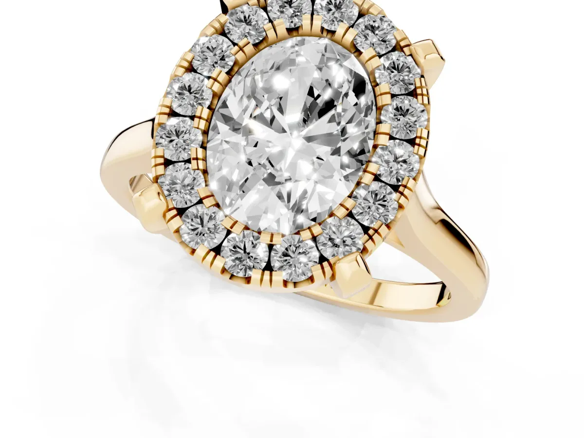 Oval Cut Diamond Cluster Halo Solitaire with Four-Prong Setting Yellow gold