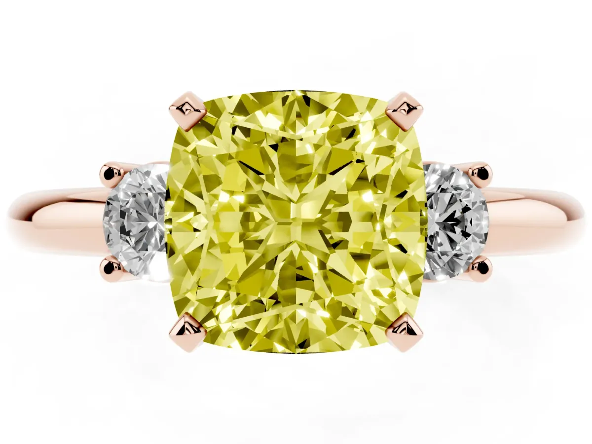 Fancy Yellow Three-Stone Cushion Cut Cut Diamond Solitaire with Prong Setting and Classic Band Rose gold