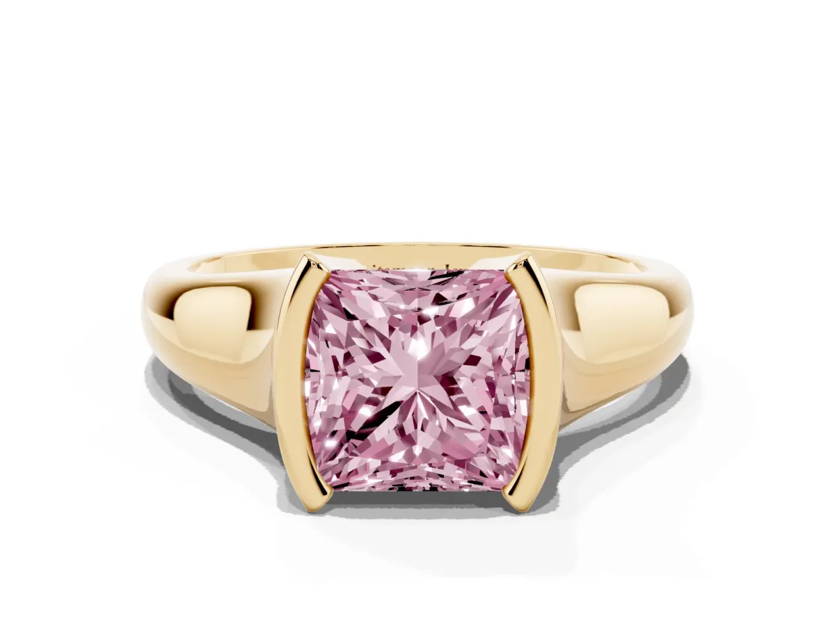 Fancy Pink Princess Cut Solitaire Tension Set Diamond Ring with Split Shank Band Yellow gold