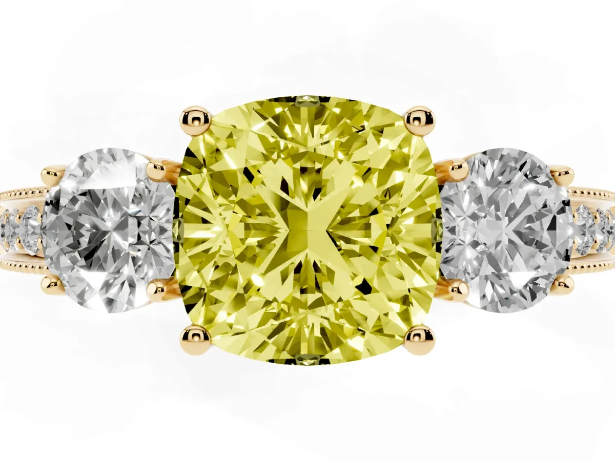 Fancy Yellow Cushion Cut Three-Stone Diamond Ring with Pavé Band and Four-Prong Setting Yellow gold