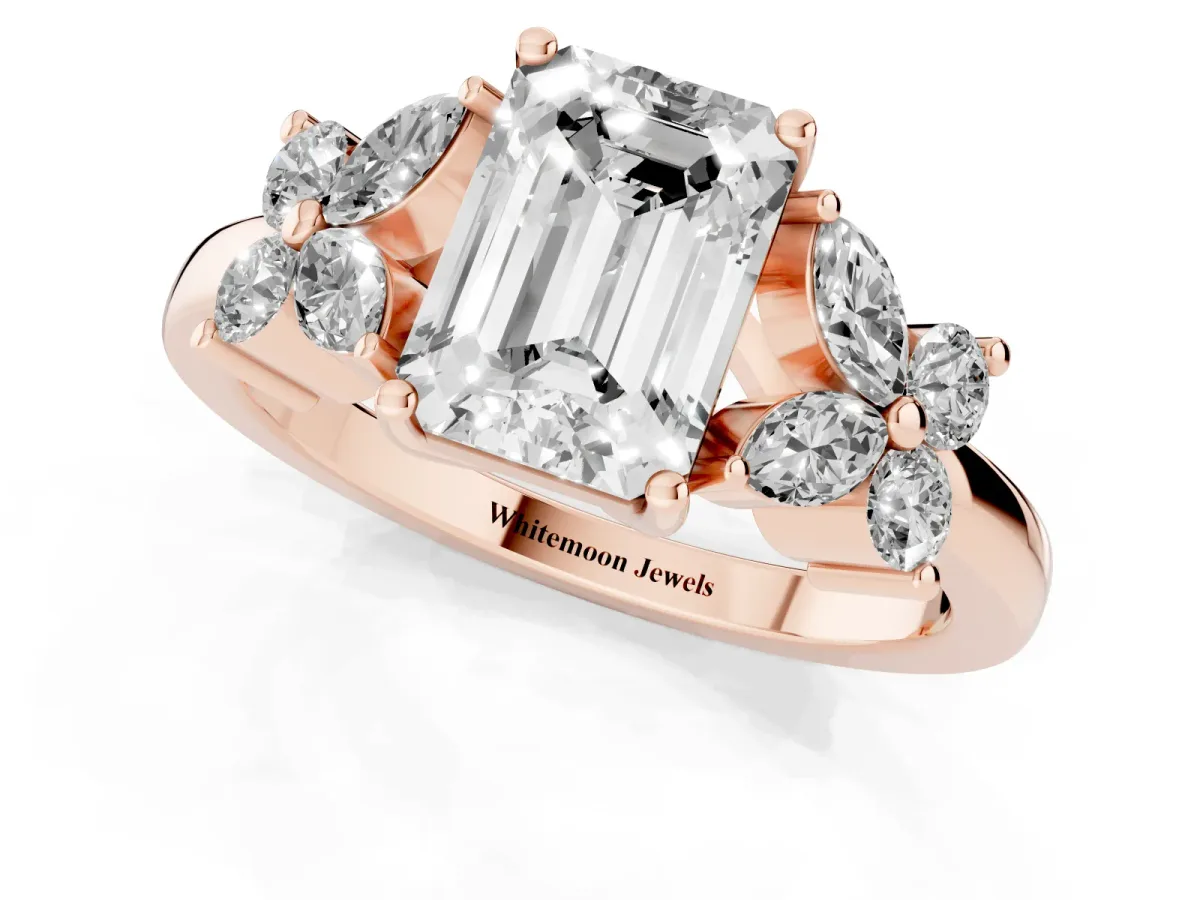 Emerald Cut Diamond Floral Cluster Ring with Solitaire Band and Prong Setting Rose gold