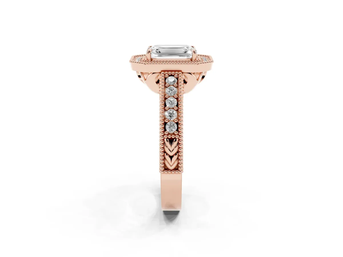 Emerald Cut Cut Halo Diamond Ring with Pavé Band and Four-Prong Setting Rose gold