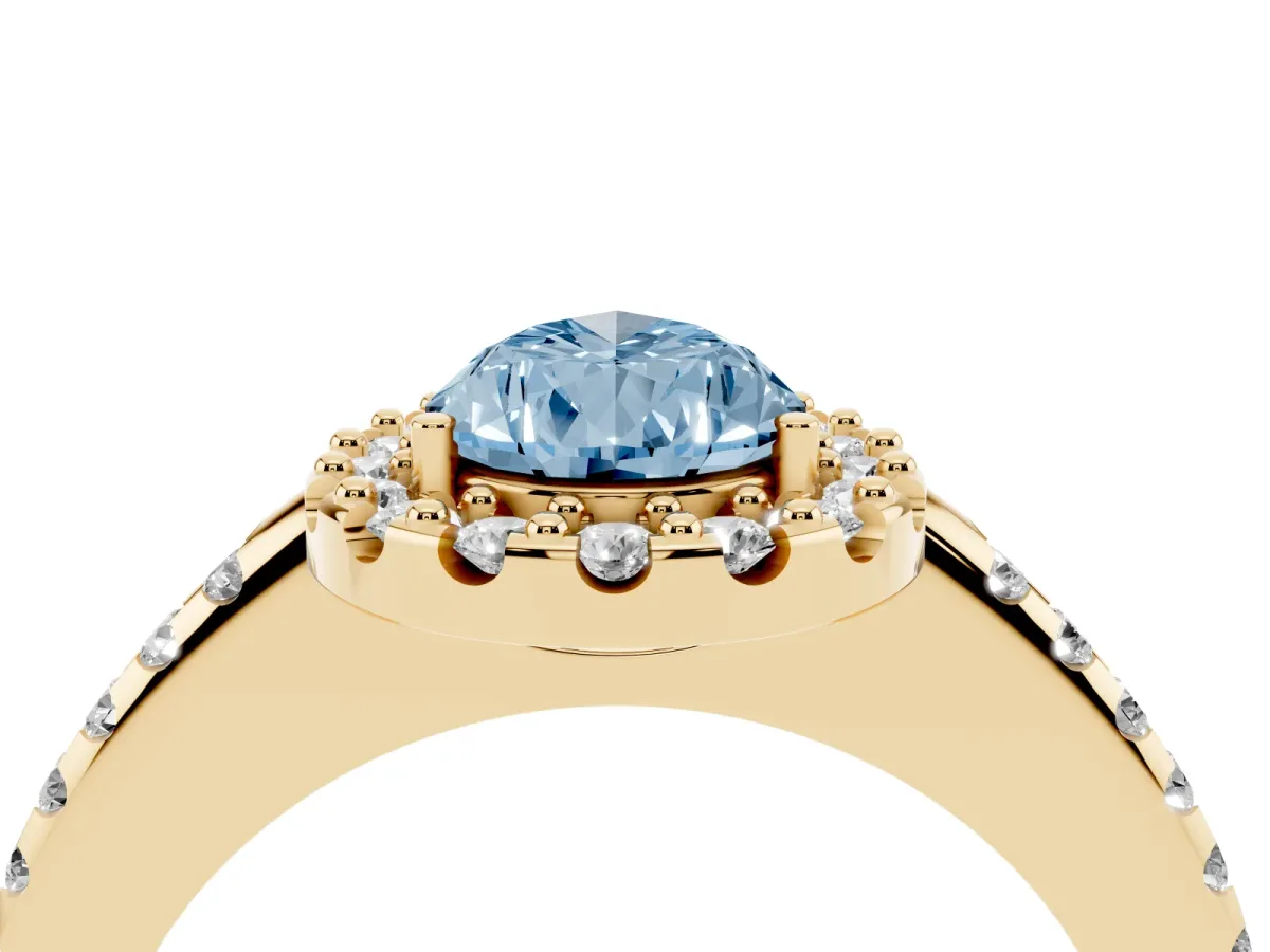 Fancy Blue Pear Cut Diamond Pavé Halo Ring with Four-Prong Setting Yellow gold