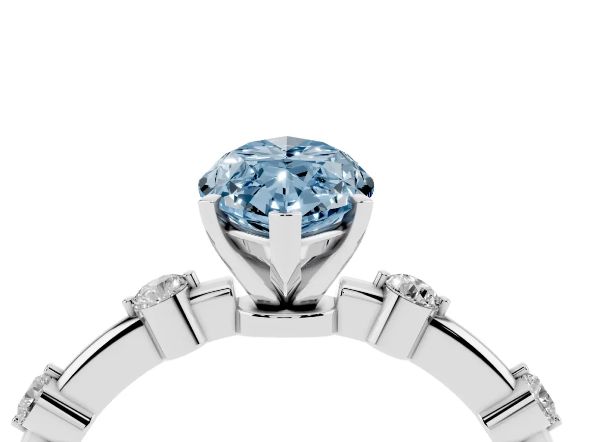 Fancy Blue Marquise Cut Solitaire Diamond Ring with Bezel Set Side Stones and Prong Setting Silver