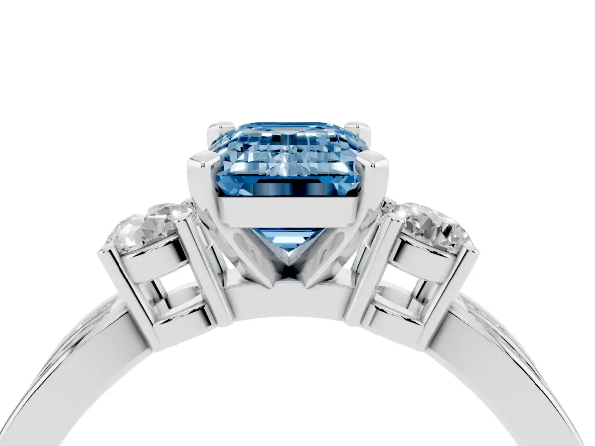 Fancy Blue Three-Stone Emerald Cut Cut Diamond Twist Band with Prong Setting Platinum