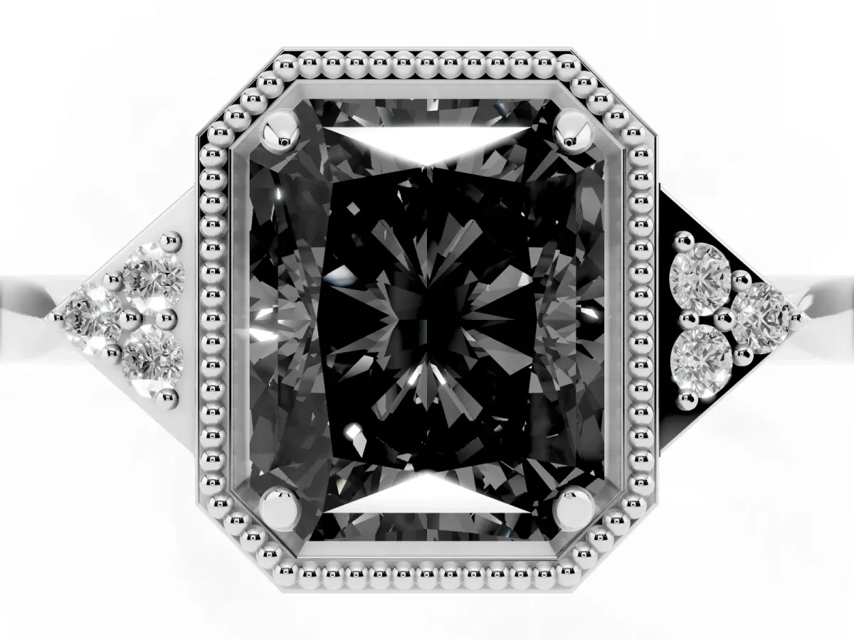 Fancy Black Hexagonal Halo Radiant Cut Diamond Solitaire with Pavé Band and Four-Prong Setting White gold