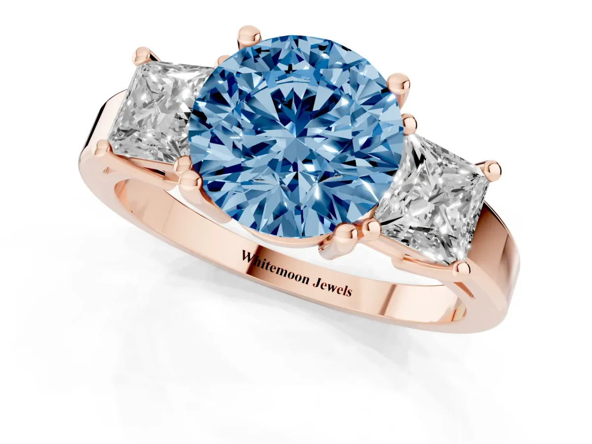 Fancy Blue Three-Stone Round Cut Cut Solitaire Ring with Prong Setting Rose gold